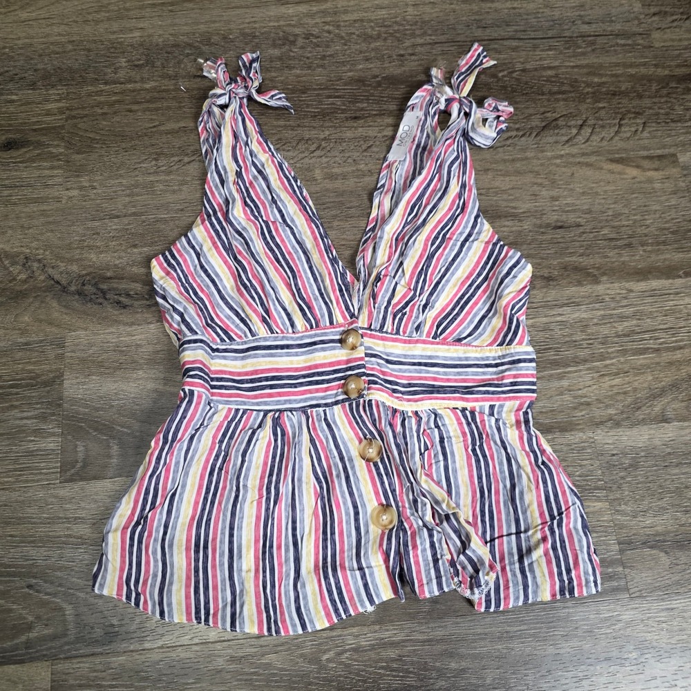 Mod On Trend Womens M Tank Top Multicolor Striped Tie Shoulder V-Neck Peplum